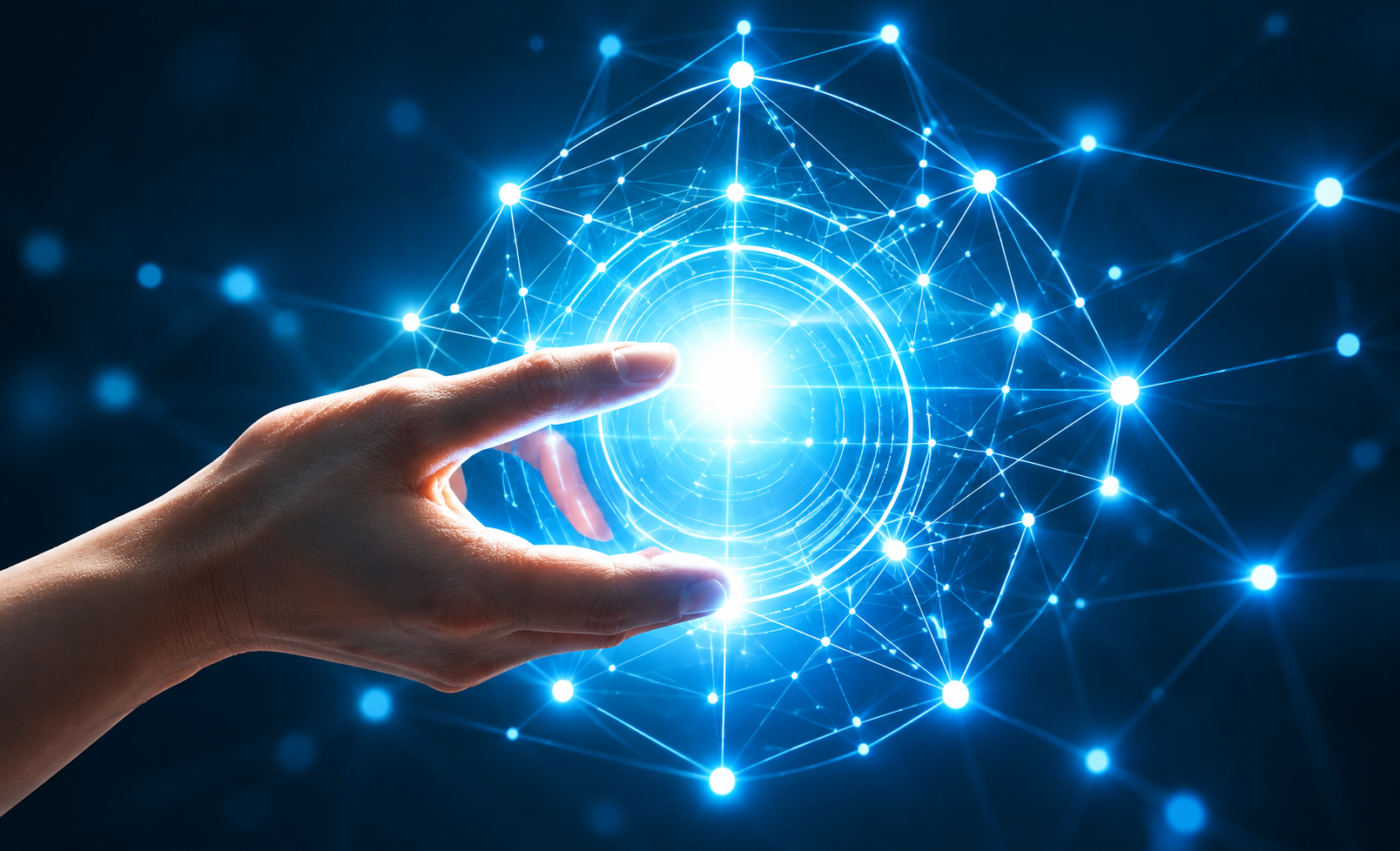 A hand reaching toward a glowing digital sphere